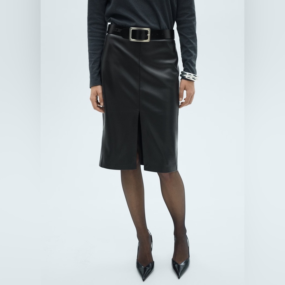 Mango Black Faux-Leather Pencil Skirt NWT
